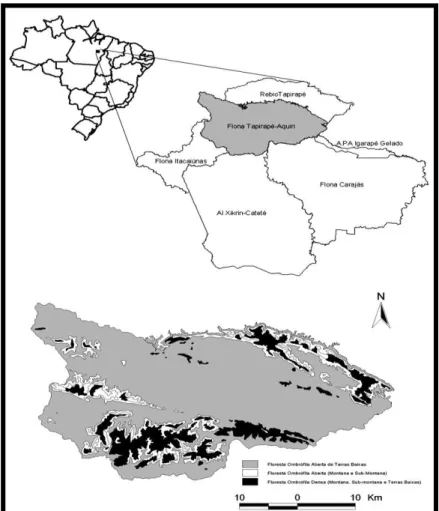 Figura 3: Mapa de localização geográfica da área de origem dos  hospedeiros e destaque para os tipos de vegetação da Floresta  Nacional do Tapirapé-Aquiri na Serra dos Carajás no Estado do  Pará