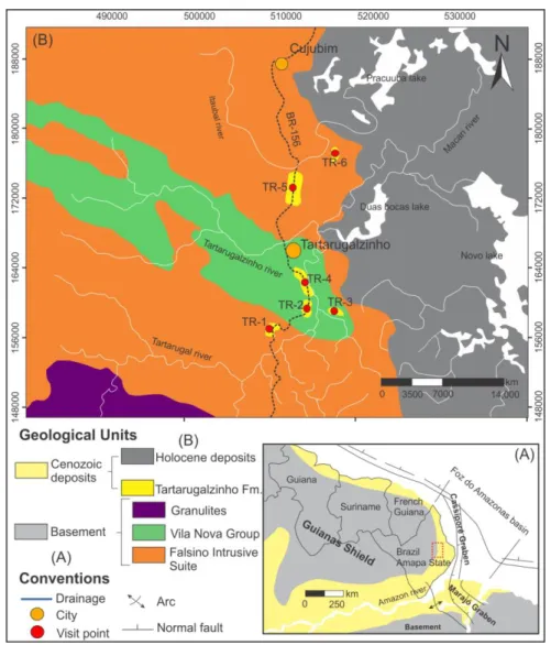 Figura 2: Contexto geológico do Norte da América do Sul e porção onshore da Bacia da Foz  do  Amazonas  (A)  e  mapa  geológico  da  área  de  estudo  com  localização  dos  depósitos  estudados da Formação  Itaubal (B)