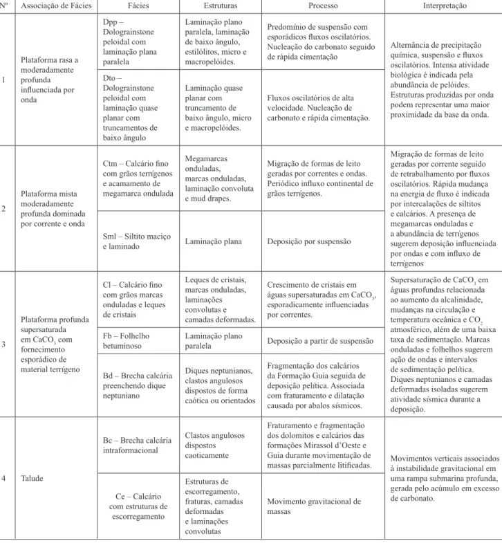 Tabela 1 - Resumo das características das associações de fácies com destaque para fácies componentes,  estruturas, processos e interpretação.