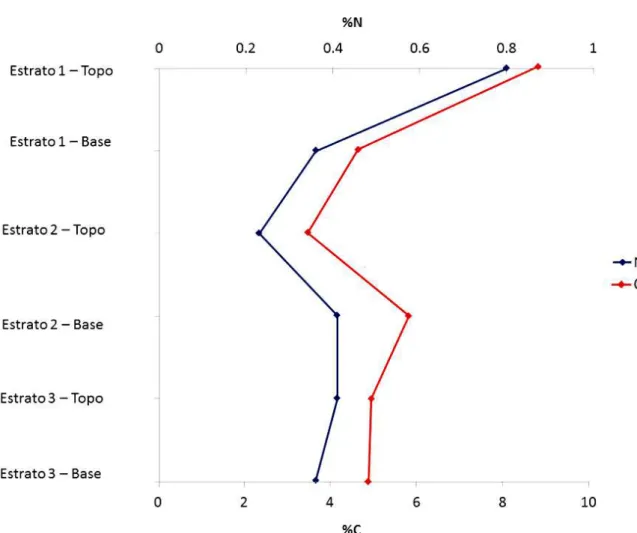 Figura 8: Distribuição das concentrações de C e N (% em peso) nas amostras de sedimentos  do sambaqui do Moa por estrato (momento de ocupação)