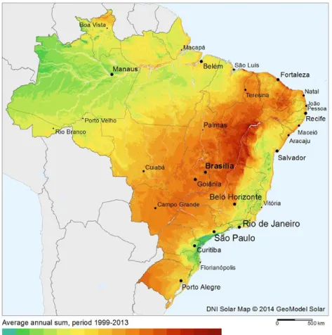 Figura 8. Irradiação normal direta do Brasil (Fonte: Adaptado de [14]). 