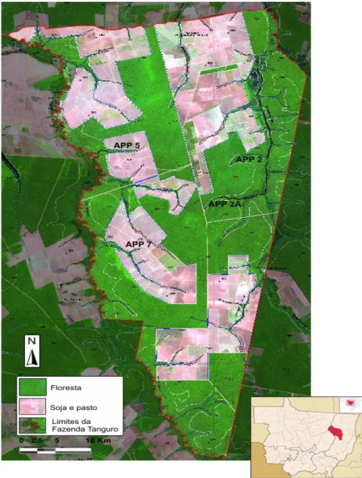 Figura 1. Área da Fazenda Tanguro e localização das APPs estudadas. À direita,  mapa do estado do Mato Grosso destacando o município de Querência