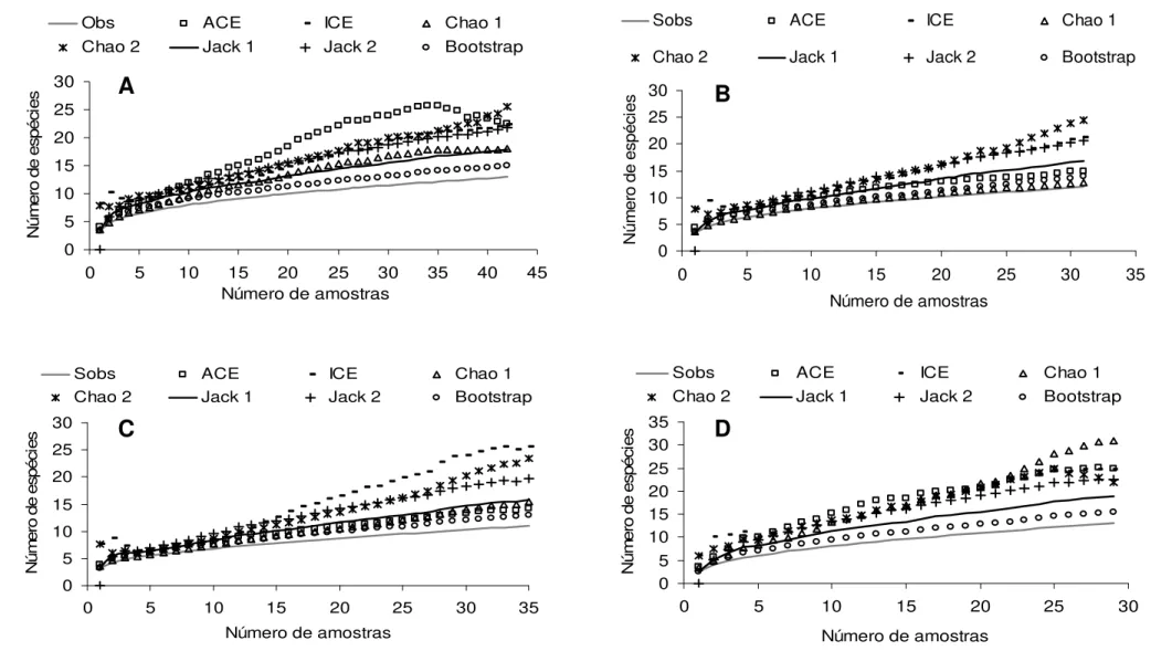 Figura 10. Riqueza estimada de Curculionidae coletados em quatro Áreas de Preservação Permanente na Fazenda Tanguro