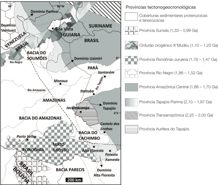 Figura 2. Mapa da porção centro-sul do Cráton Amazônico, que mostra os quatro domínios tectônicos da faixa orogênica  Tapajós-Parima, bem como a localização da Província Aurífera do Tapajós (modificado de Santos et al., 2001).