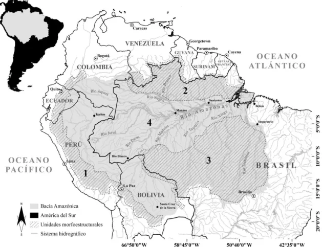 Figura  1:  Límites  físicos  políticos,  principales  componentes  hidrográficos  y  unidades  morfo-estructurales  de  la  cuenca  Amazónica  (1-  Cadena  Andina;  2-  Escudo  de  las  Guyanas; 3- Escudo Brasileño y 4- Planicie fluvial)