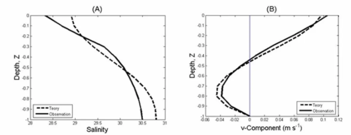 Fig. 7. Observational versus theoretical profiles for the neap-tidal cycle. Salinity (A) and v-velocity component  (B)