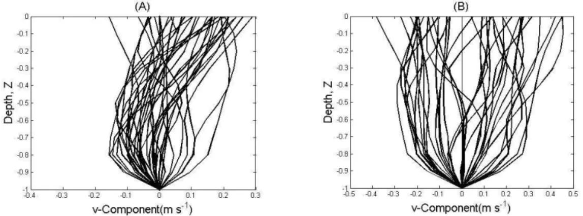 Fig. 5. Eulerian time series of v-velocity profiles [v=v(Z,t)] at the neap (A) and spring (B) tide cycles (28-29 and 04-06 of June  and July, 2001, respectively)