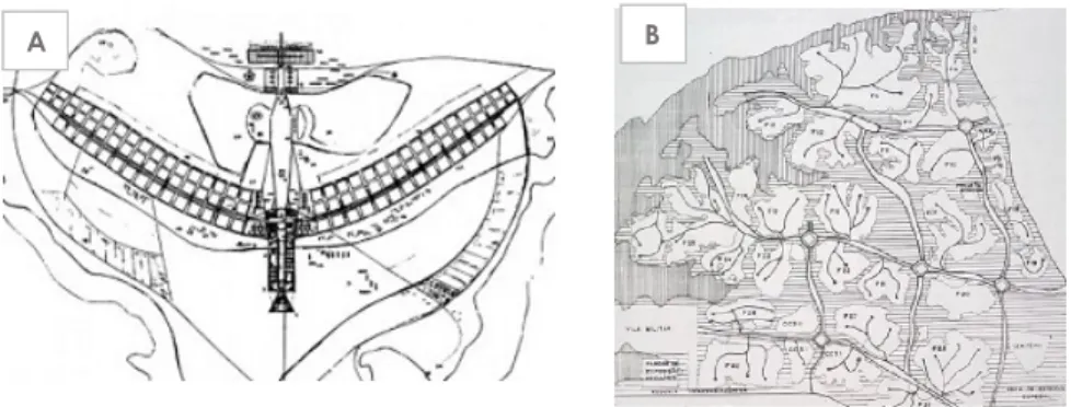 Fig. 18 – Planos de inspiração modernista: A) Brasília (1960); B) Nova Marabá  (1974) .Fonte: Portal Vitruvius; TOURINHO, 1991