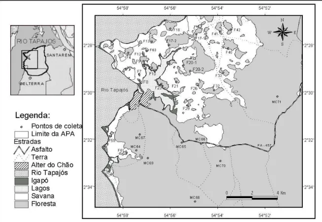Figura 2. Localização dos pontos de coleta e da área de estudo e em relação à Santarém e  Belterra, Pará (baseado em Albernaz, 2001), MC=Floresta Contínua e F=Ilhas de floresta