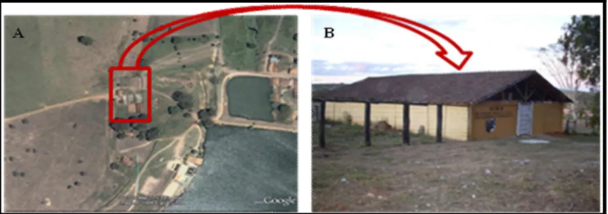 Figura  3.  (A  e  B)  Imagem  de  satélite  e  fotografia  da  Central  de  inseminação  e  Reprodução de Búfalos, localizado no município de Inhaúma, estado de Minas Gerais