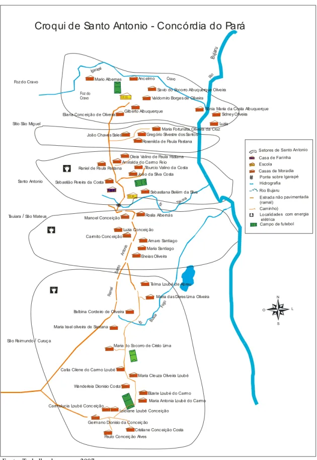 Figura 5. Croqui do povoado de Santo Antonio com ilustração dos sítios # &amp;' ( ) ( 3 5 6 ) !!%( 3) , 6 ) )! )!71 &#34; 8,-9 !! 77:(;0 ! 7 7! 7740!&lt;05=9 (&#34;&gt;6:52!:!!3!804=44(0(2!3!=0?! 0 % 4!30= !3-?=!30!3!34!34 409? 4&gt; 6 &amp;5 =@0(2A0A4 0