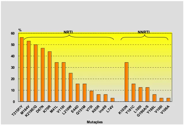 Figura 7  −  Mutações associadas à resistência aos ARV no gene da RT em pacientes  com  falha terapêutica no estado do Amazonas, 2005-2006