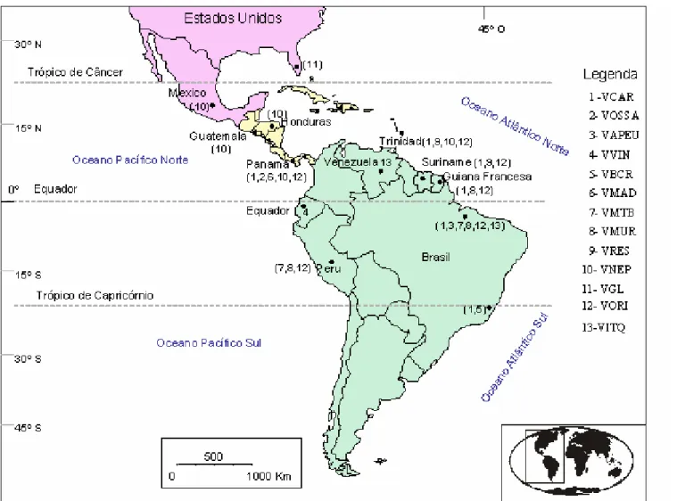 Figura 3 – Distribuição geográfica dos vírus do Grupo C nas Américas.  