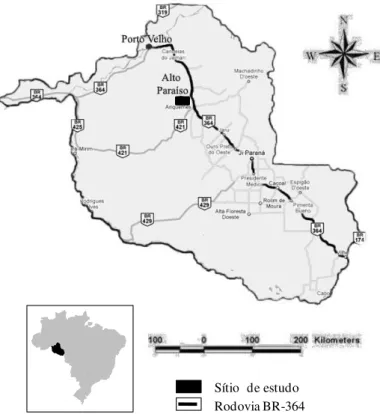 Figura 7 - Mapa mostrando a localização do município Alto Paraíso, no estado de Rondônia,  ligado à capital Porto velho pela Rodovia BR-364