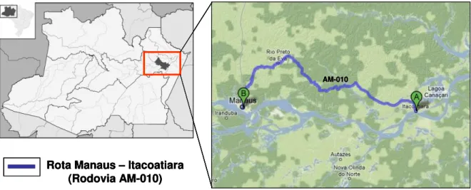 Figura 8 -  Mapa  mostrando  a  localização  do  município  de  Itacoatiara,  no  estado  do  Amazonas, ligado à Manaus pela rodovia AM - 010