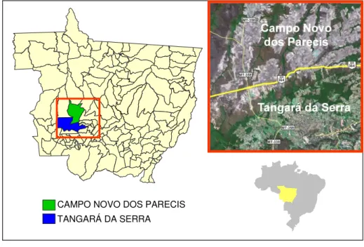Figura  9  -  Mapa  mostrando  a  localização  dos  municípios  de  Campo  Novo  do  Parecis  e  Tangará da Serra, no estado do Mato Grosso, ao longo da Rodovia BR -364 (linha amarela).