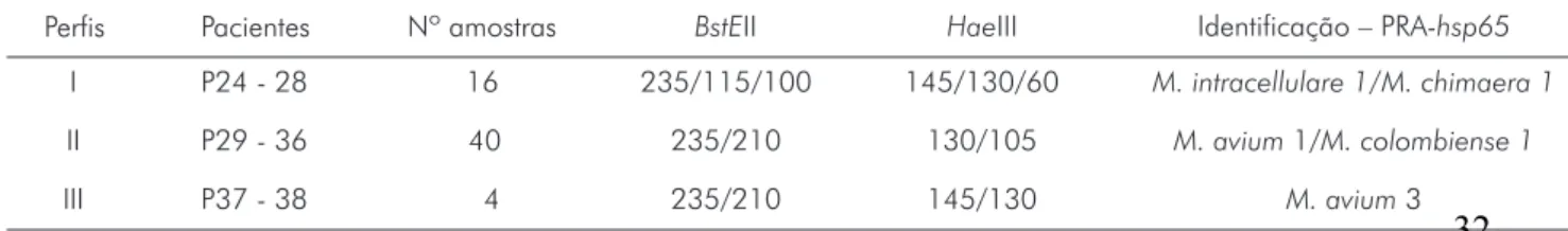 Tabela 1 – Perfis alélicos obtidos por PRA-hsp65 para membros do MAC isolados no IEC entre 2004 e 2007