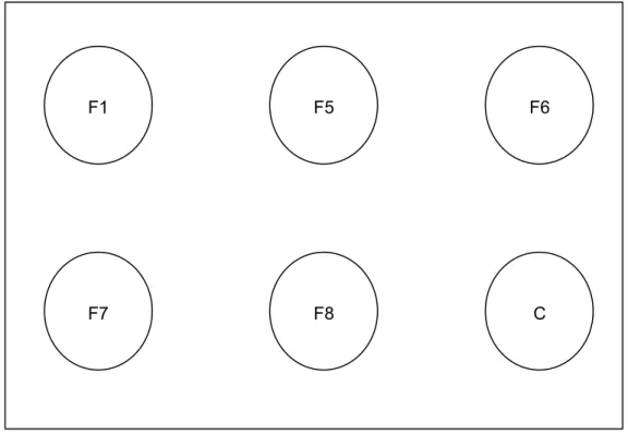 Fig. 4.2 Esquema de uma placa para realização da sorotipagem. Os círculos F1, F5, F6, F7 e  F8 correspondem aos antígenos para sorotipo e C corresponde ao controle