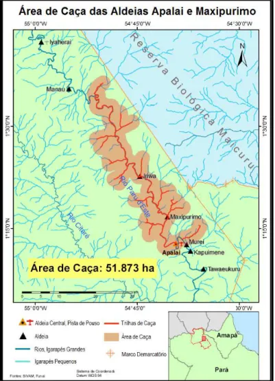 Figura 23: Mapa da área de uso da caça e pesca das aldeias  Apalai e Maxipurimo ( Fonte: Instituto Iepé )