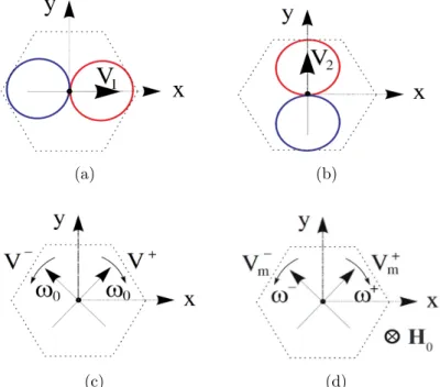 Figura 15 – Representação esquemática da cavidade sem os guias de onda: (a) V 1 dipolo orientado ao longo do eixo x , (b) V 2 dipolo orientado ao longo do eixo y , (c) dois dipolos degenerados girantes V + e V − estado não magnetizado, (d) dois dipolos não