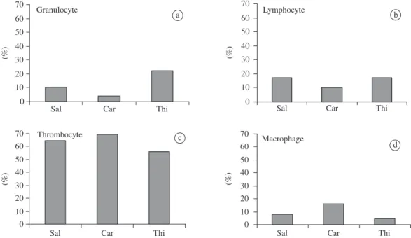 Figure 2. Mean values of the differential counting of cells from the swim bladder exudate of the hybrid tambacu 6 hours  after injection with saline (Sal), carrageenin (Car) and thioglycollate (Thi)
