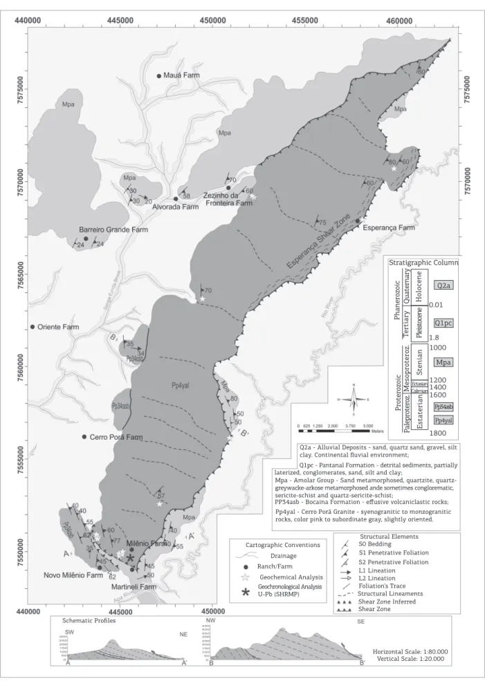 Figure 2. Geological map of the region of the Serra da Esperança, highlighting the Cerro Porã Granite and adjacent  units