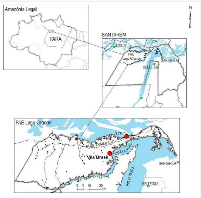 Figura  7:  Localização  do  PAE  Lago  Grande  e  das  comunidades  de  Vila  Brasil  e  Aracy