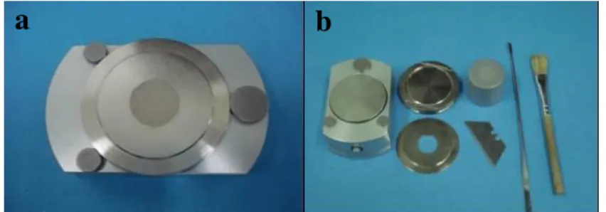 Figura 3.1- a) Porta- amostras de aço inox e b) Material utilizado para o preenchimento das  amostras nos porta-amostras para análise de DRX