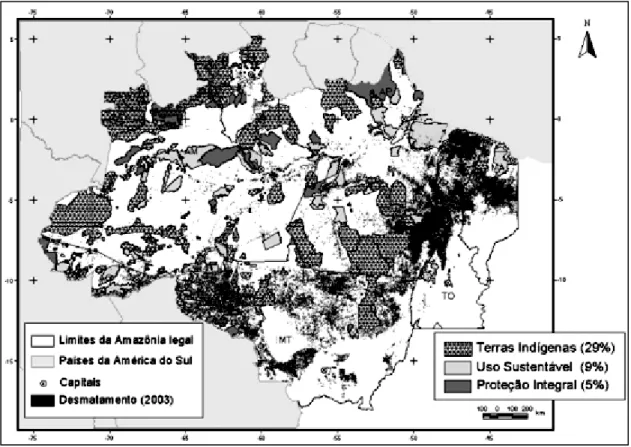 Figura 3: Proporção de área ocupada das Unidades de Conservação e Terras Indigenas na  Amazônia Legal e o desmatamento observado