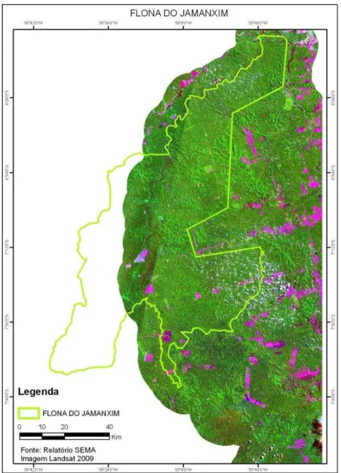 Figura 9: Detalhe da FLONA do Jamaxin sobre imagem Landsat 5 TM(R5G4B3) do ano de  2009
