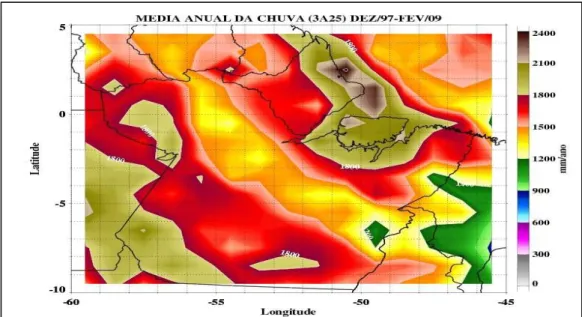 Figura  16.  Distribuição  da  chuva  estimada  pelo  algoritmo  3A25  do  satélite  TRMM,  no  período de 12/1997 a 02/2009