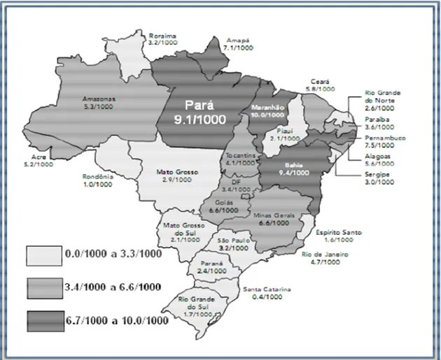Figura 7 – Prevalência da infecção por HTLV 1/2 (por 1000 indivíduos). Dados obtidos a partir da triagem sorológica em candidatos a doadores de sangue dos 26 estados e o Distrito Federal do Brasil (adaptado de Catalan Soares ., 2005).