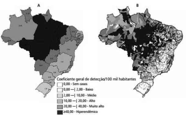Figura 4: Coeficiente de detecção de casos novos de hanseníase por 100.000  habitantes,(A) estados da Federação, e (B) municipios Brasil, 2012