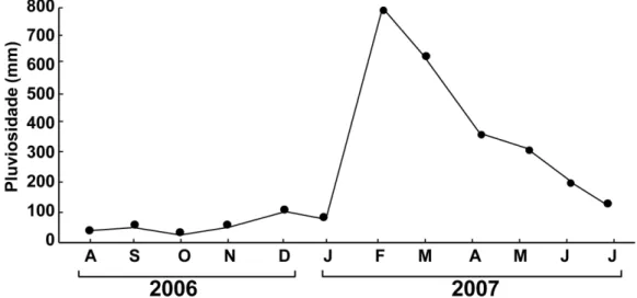 Figura  1  -  Precipitação  média  para  o  estuário  de  Marapanim  de  agosto  de  2006  a  julho  de  2007