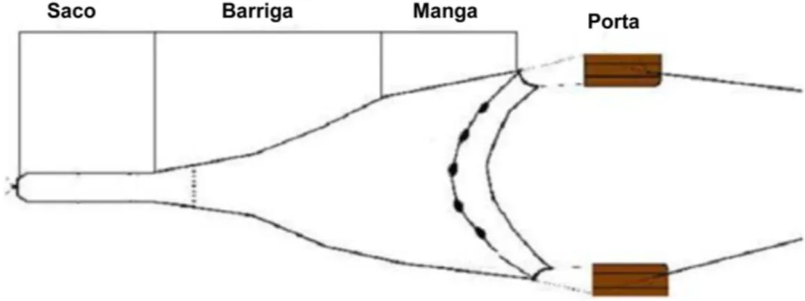 Figura 4 - Representação gráfica da rede de arrasto-de-fundo utilizada nas coletas de camarões no  Estuário de Marapanim de agosto de 2006 a julho de 2007