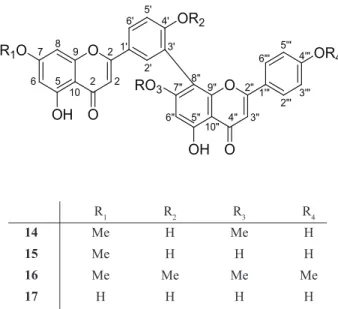 Figure 2. Some  2,3 J CH   long-range correlations on the HMBC of compound  14 .
