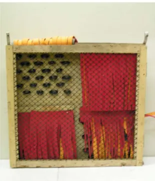 Figura  7.  Painel  de  cuias  escondidas:  “Cuieiro”.  A  cortina  de  um  dos  quadrantes  foi  levantada para permitir a visualização das cuias fixadas no fundo da caixa