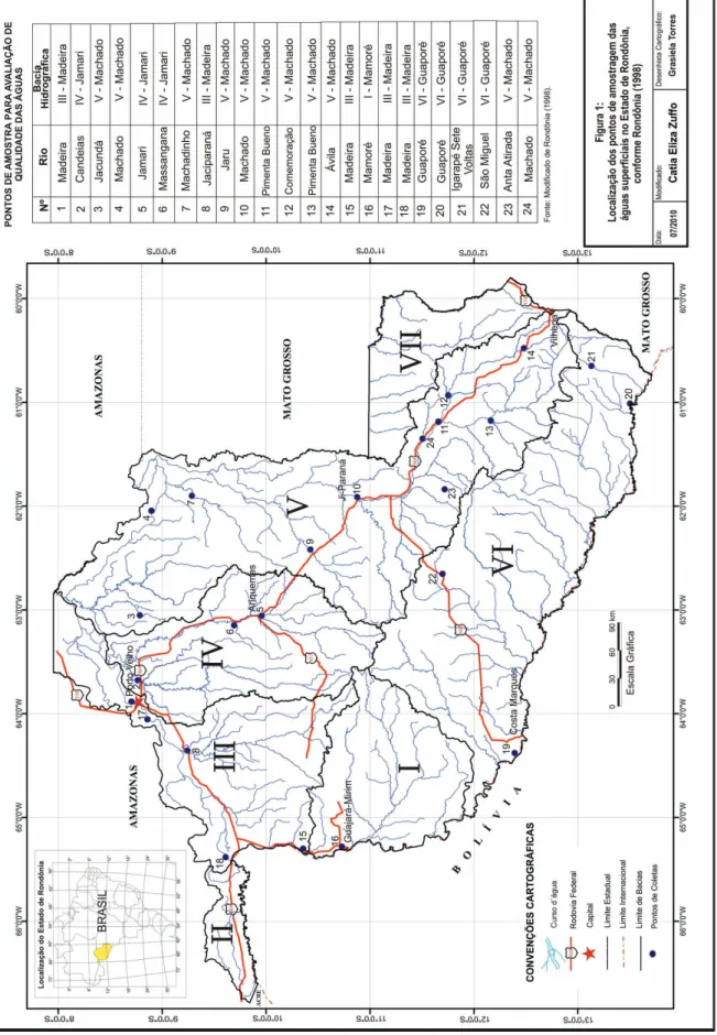 Figura 1 Localização dos pontos de amostragem das águas superficiais no Estado de Rondônia, conforme RONDÔNIA (1998)