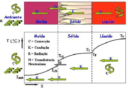 Figura 2.5 - Elemento representativo de um sistema metal/molde: perfis térmicos  para as diferentes fases com seus mecanismos de transferência de calor [Garcia, 