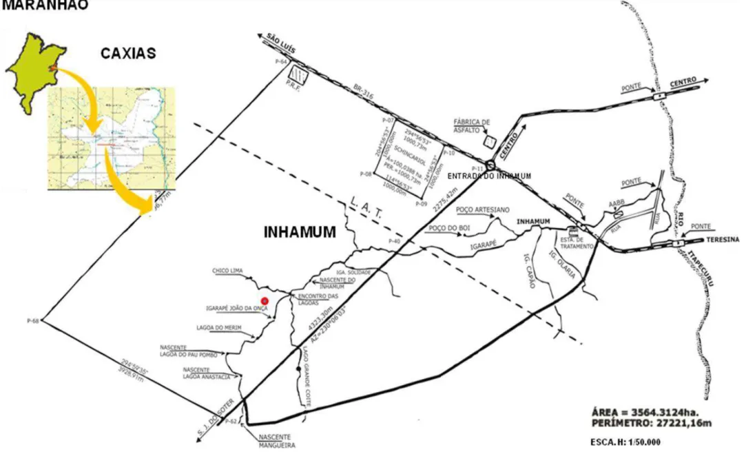 Figura 1. Perímetro da Reserva Ecológica do Inhamum com ponto de coleta demarcado em vermelho (PMC – Modificado)