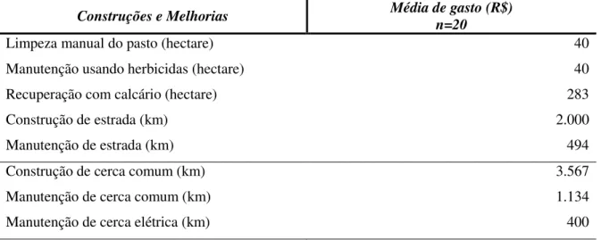 Tabela 18 - Custos com construções e melhorias nas propriedades de pecuária ao leste do Parque  do Xingu (MT), 2005-06