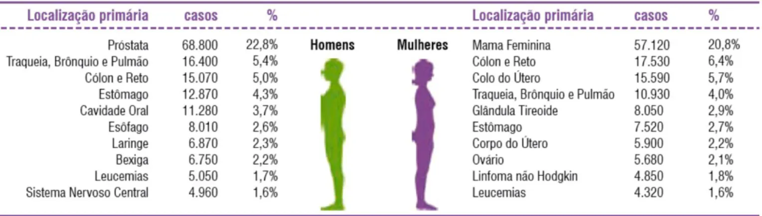 Tabela  1:  Distribuição  proporcional  dos  dez  tipos  de  cânceres  mais  incidentes  por  sexo,  estimados para 2014, exceto pele não melanoma*