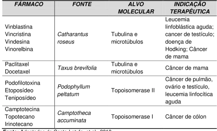 Tabela 4:  Produtos naturais ou fármacos derivados de plantas utilizados na terapia  do câncer