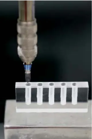 Figura 4 Implante posicionado no delineador para inserção no bloco de acrílico.