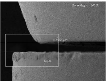 Figura 13 Interface esquerda UCLA/Implante com aumento de 300x em microscopia eletrônica de varredura evidenciando desajuste vertical, mensurado através de linhas horizontais que tangenciam as bordas dos componentes.
