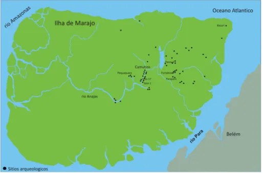 Figura 2 – Mapa da Ilha de Marajó com a localização dos sítios mencionados no artigo.