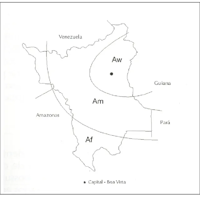 Figura 3. Distribuição das regiões climáticas de Roraima, segundo a classificação de  Köppen