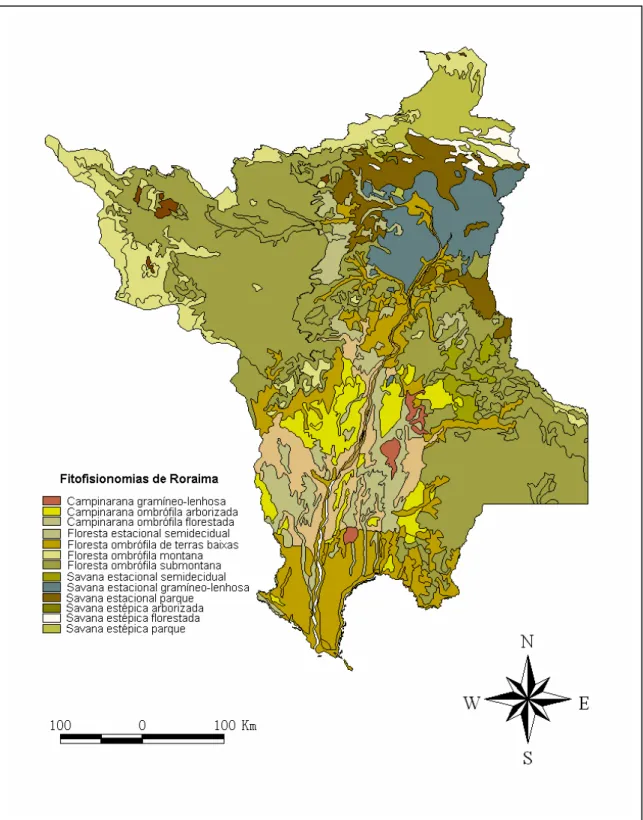 Figura 4. Mapa dos tipos de vegetação encontrados no estado de Roraima, segundo Brasil  (1975)