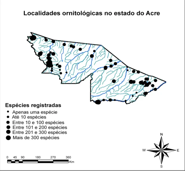 Figura 13. Localidades ornitológicas registradas no estado do Acre entre 1951 e 2008. 