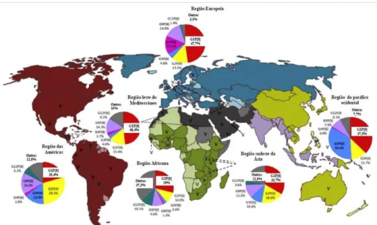 Figura 8: Distribuição geográfica das amostras de RV humanos de grupo A detectadas entre 2007 e  2012